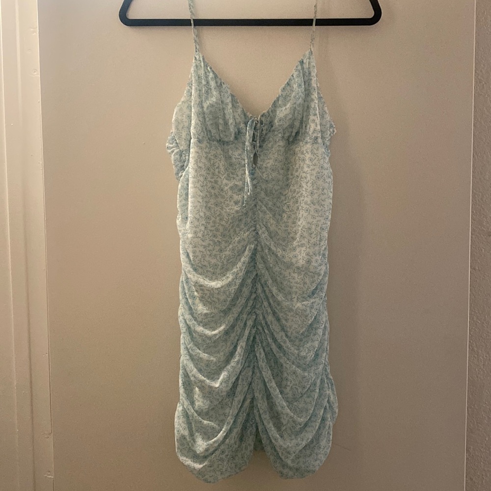 Ruched Minj Dress, White and Blue Floral, Large